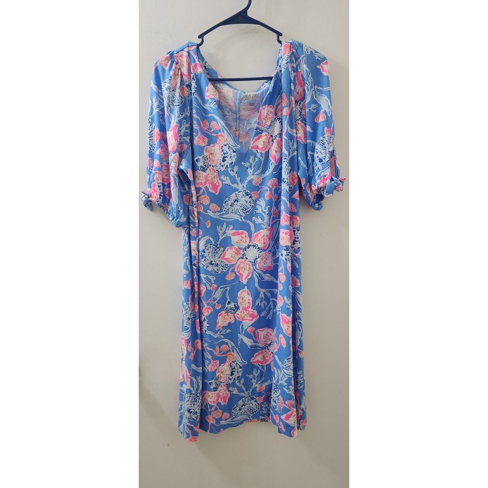 Lilly Pulitzer Blue Pink Floral Coral Knit V-Neck Dress XL Tie Sleeve Cotton